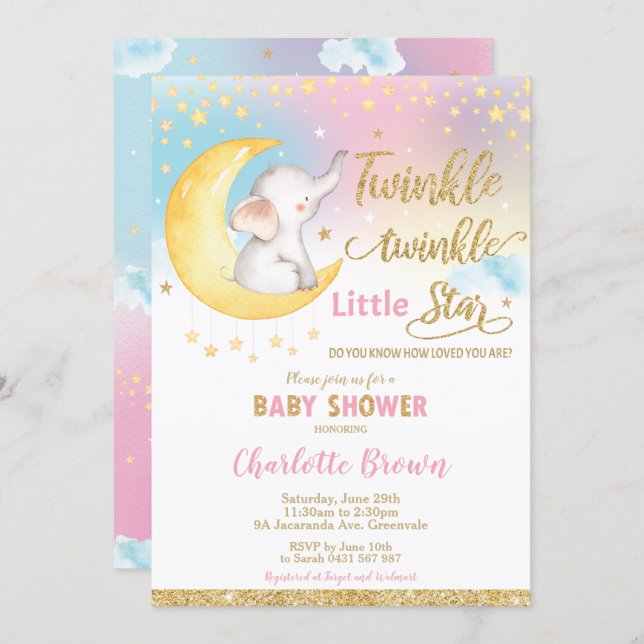 Twinkle Little Star Elephant Baby Shower Girl Invitation (Front/Back)