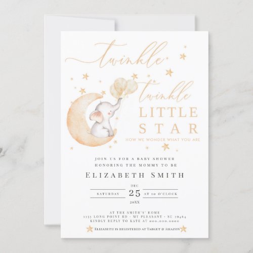 Twinkle Little Star Elephant Neutral Baby Shower Invitation - Twinkle Little Star Elephant Neutral Baby Shower Invitation