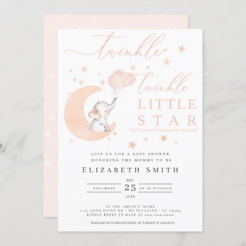 Twinkle Little Star Elephant Peach Baby Shower Invitation