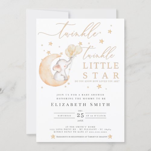 Twinkle Little Star Elephant Yellow Baby Shower Invitation