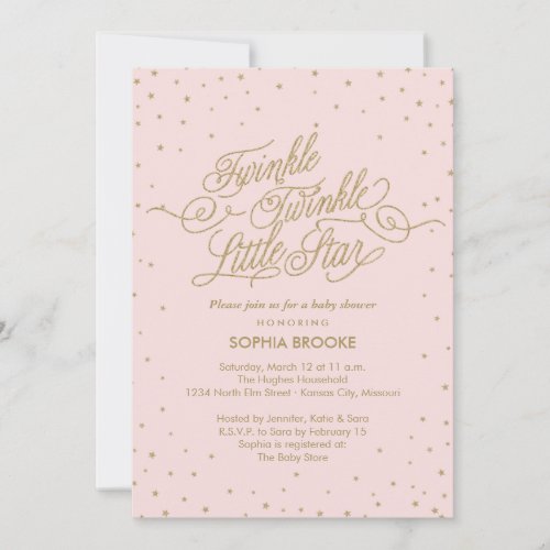 Twinkle Little Star Fancy Gold  Pink Baby Shower Invitation