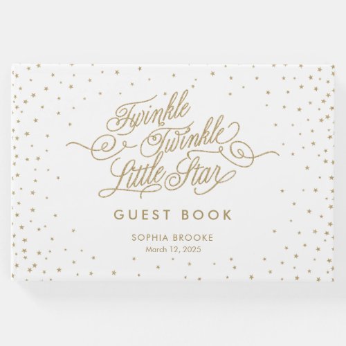 Twinkle Little Star Fancy Gold  White Baby Shower Guest Book