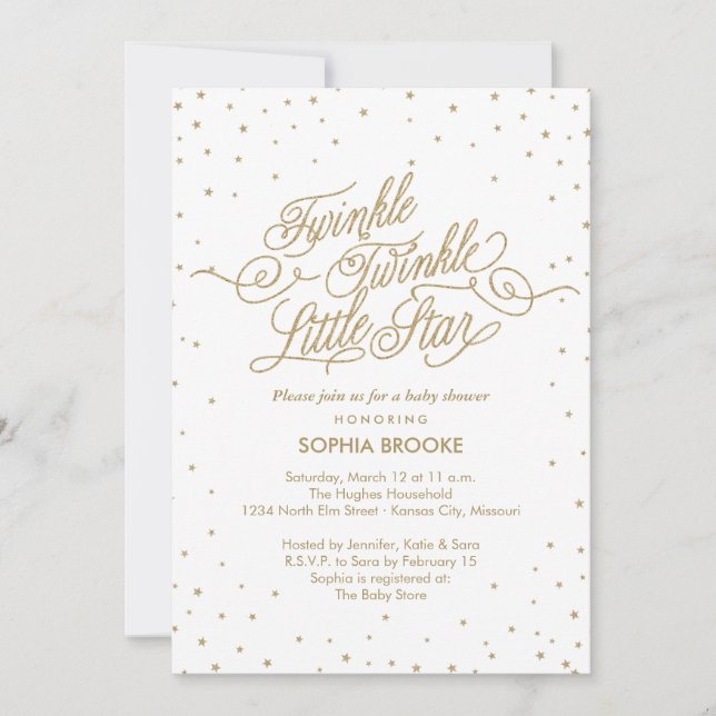 Twinkle Little Star Fancy Gold & White Baby Shower Invitation (Front)