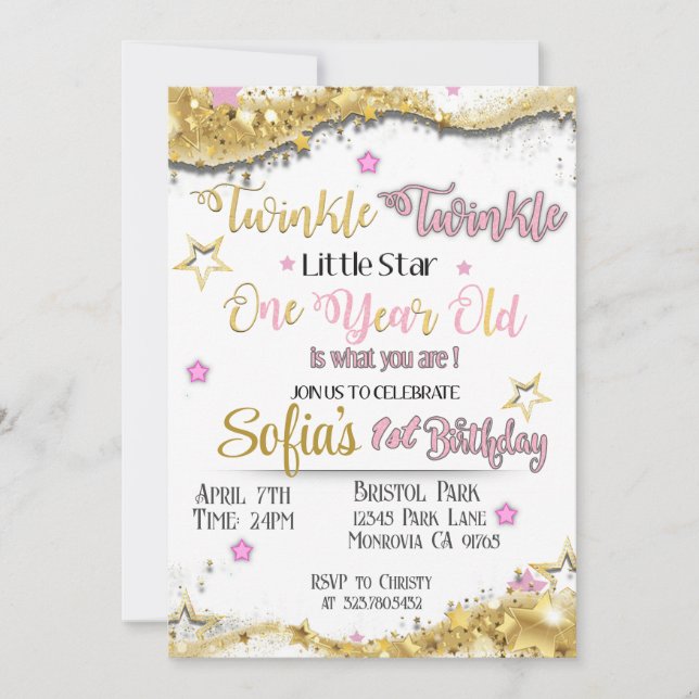 Twinkle Little Star first Birthday invitation  (Front)