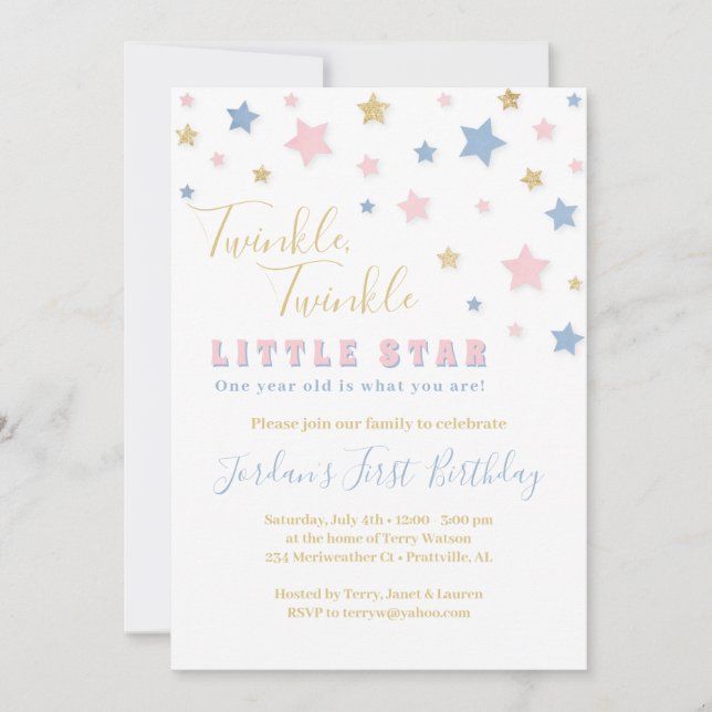 Twinkle Little Star First Birthday Invitation (Front)