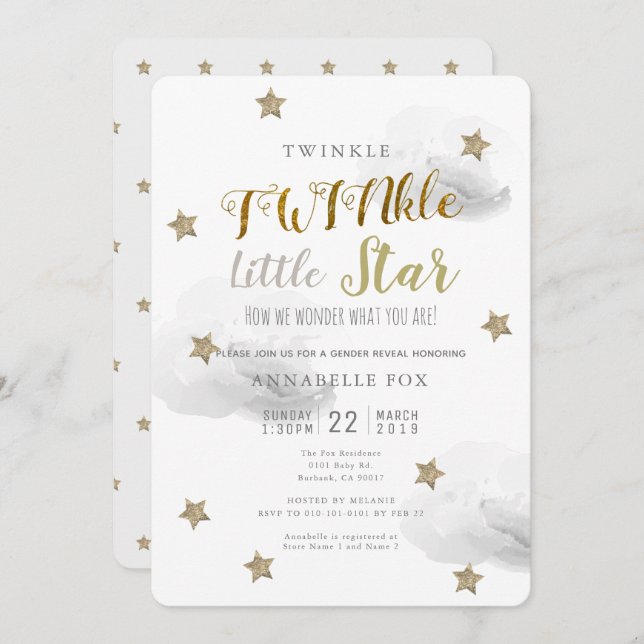 TWINkle Little Star Gender Reveal Baby Shower Invitation (Front/Back)