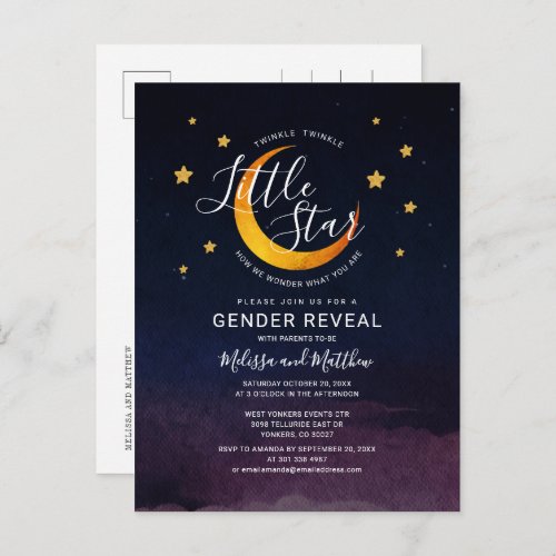 Twinkle Little Star Gender Reveal Navy Purple Invitation Postcard