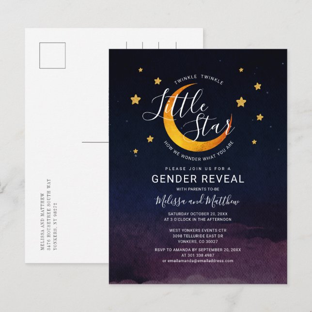 Twinkle Little Star Gender Reveal Navy Purple Invitation Postcard (Front/Back)