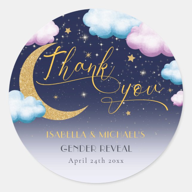 Twinkle Little Star Gender Reveal Thank You Classic Round Sticker (Front)