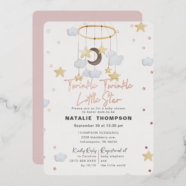Twinkle Little Star Girl Pink Baby Shower Rose Foil Invitation (Front/Back)
