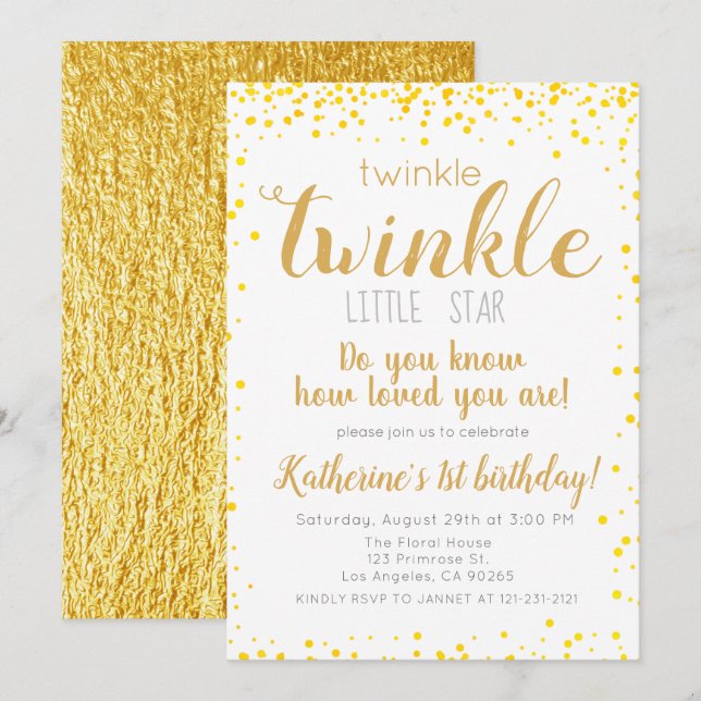 Twinkle Little Star Girls Gold Glitter Birthday Invitation (Front/Back)