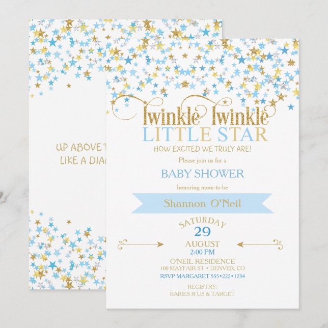 Twinkle Little Star Gold & Baby Blue Invitation (Front/Back)