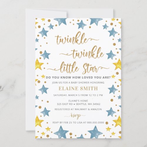 Twinkle little Star Gold Blue Boy Baby Shower  Invitation