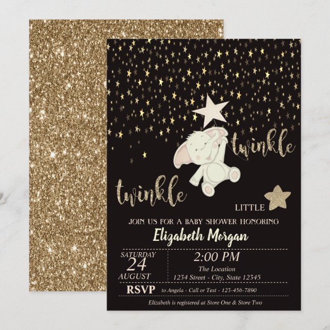 Twinkle Little Star Gold Glitter, Bear Baby Shower Invitation (Front/Back)