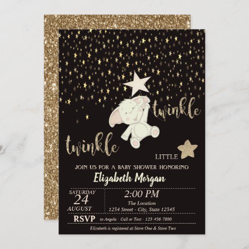 Twinkle Little Star Gold Glitter Bear Baby Shower Invitation