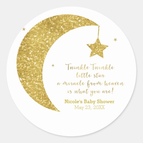 Twinkle little Star Gold Glitter Moon Stars Favor Classic Round Sticker