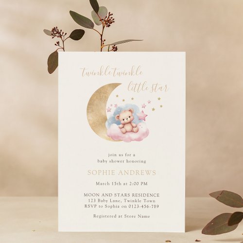 Twinkle Little Star Gold Moon Baby Shower Invitation