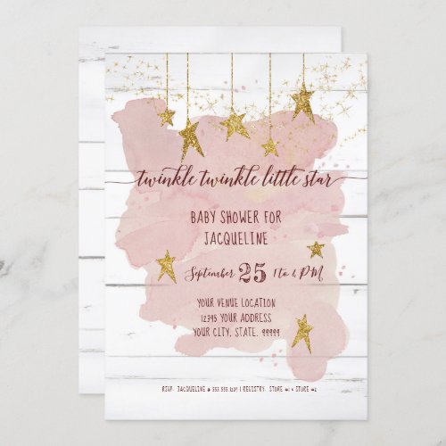 Twinkle Little Star Gold Wood Girl Baby Shower Invitation