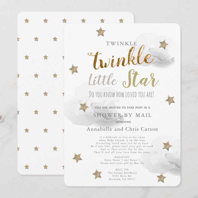 Twinkle Little Star Gray Cloud Baby Shower By Mail Invitation (Front/Back)