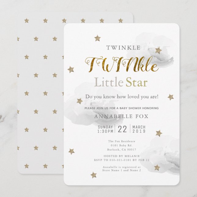 Twinkle Little Star & Gray Cloud Twin Baby Shower Invitation (Front/Back)