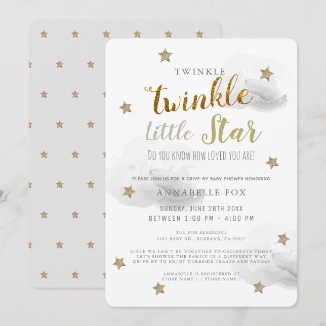 Twinkle Little Star Gray Drive-by Baby Shower Invitation (Front/Back)