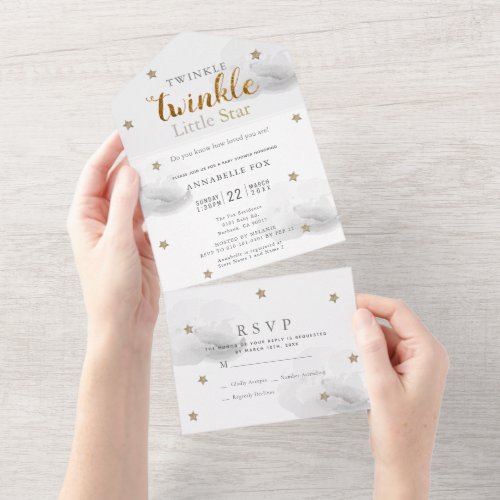 Twinkle Little Star Gray RSVP Baby Shower All In O All In One Invitation