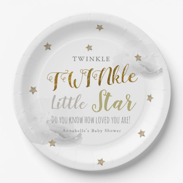 Twinkle Little Star Gray Twin Baby Shower Paper Plates (Front)