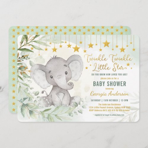 Twinkle Little Star Greenery Elephant Baby Shower Invitation
