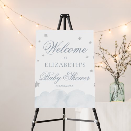 Twinkle Little Star Grey Baby Shower Welcome Sign  - Twinkle Little Star Grey Blue Baby Shower Welcome Sign Foam Board features watercolor clouds and grey stars.
You can edit/personalize whole Template.
If you need any help or matching products, please contact me. I am happy to create the most beautiful personalized products for you!
