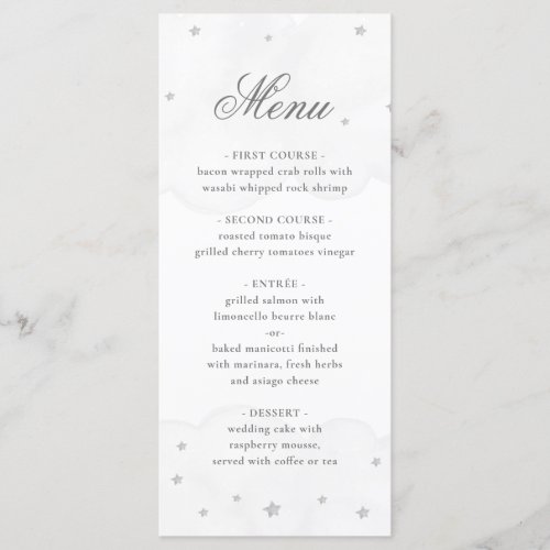 Twinkle Little Star Grey Elegant Baby Shower Menu - Twinkle Little Star Grey Elegant Baby Shower Menu features watercolor clouds and grey stars.
You can edit/personalize whole Template.
If you need any help or matching products, please contact me. I am happy to create the most beautiful personalized products for you!
