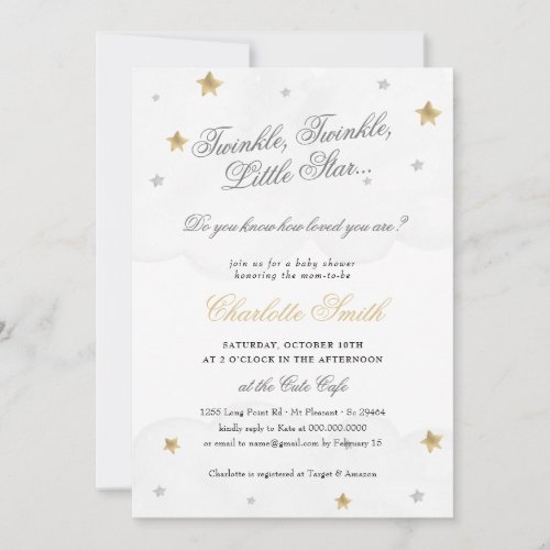 Twinkle Little Star Grey Gold Elegant Baby Shower Invitation - Twinkle Little Star Grey Gold Elegant Baby Shower Invitation 