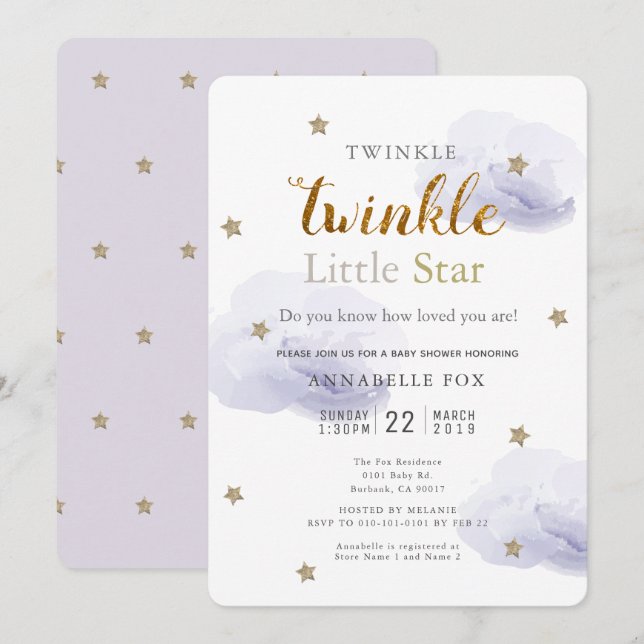 Twinkle Little Star Lavender Baby Shower Invitation (Front/Back)