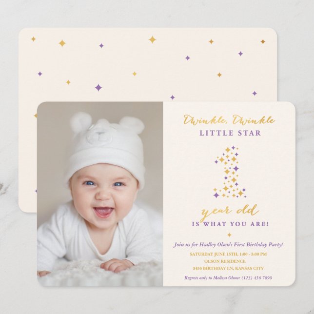 Twinkle Little Star Lavender & Gold First Birthday Invitation (Front/Back)