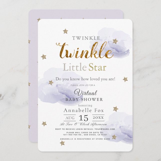 Twinkle Little Star Lavender Virtual Baby Shower Invitation (Front/Back)