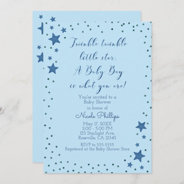 Twinkle Little Star Light Blue Boy Baby Shower Invitation (Front/Back)