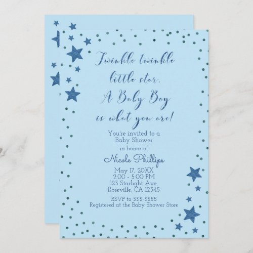 Twinkle Little Star Light Blue Boy Baby Shower Invitation