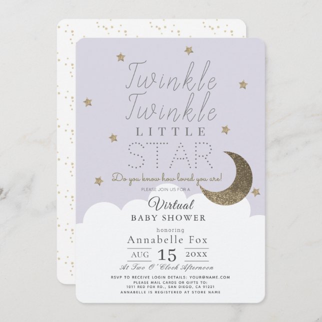 Twinkle Little Star Lilac Virtual Baby Shower Invitation (Front/Back)
