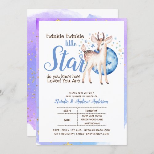 Twinkle Little Star Little Deer Blue Gold Modern Invitation