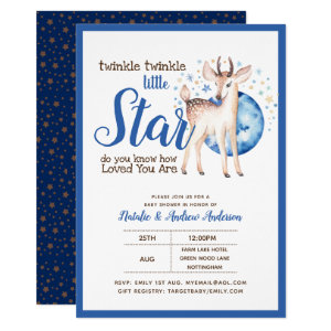 Twinkle Little Star Little Deer Blue Gold Modern Invitation
