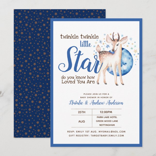 Twinkle Little Star Little Deer Blue Gold Modern Invitation (Front/Back)