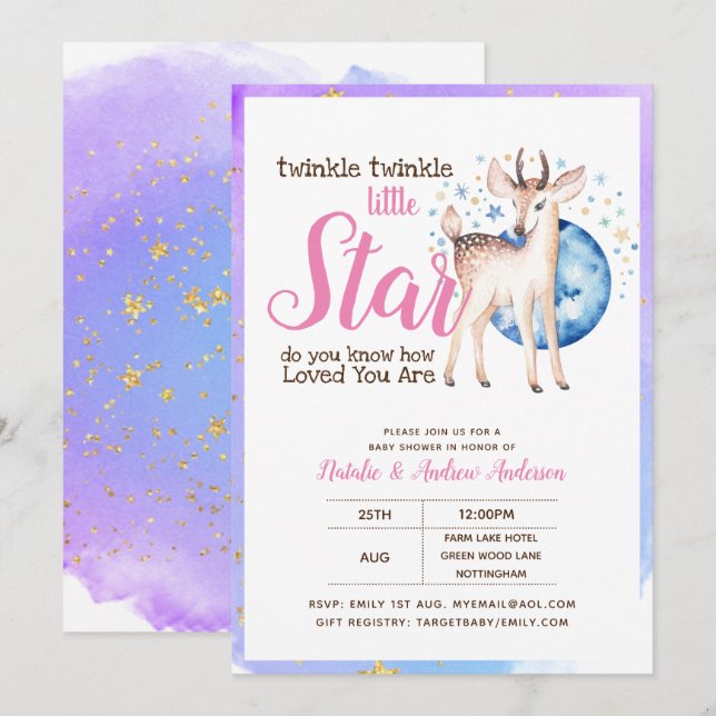 Twinkle Little Star Little Deer Pink Gold Modern Invitation (Front/Back)