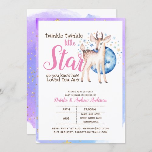 Twinkle Little Star Little Deer Pink Gold Modern Invitation