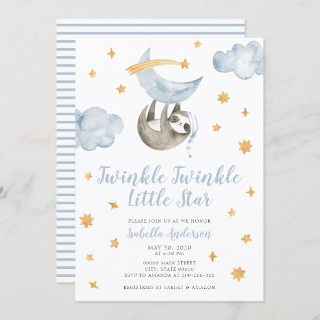 Twinkle Little Star Moon Blue Boy Baby Shower Invitation (Front/Back)