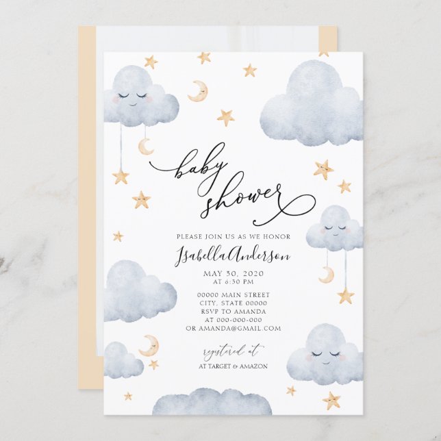 Twinkle Little Star Moon Blue Yellow Baby Shower  Invitation (Front/Back)
