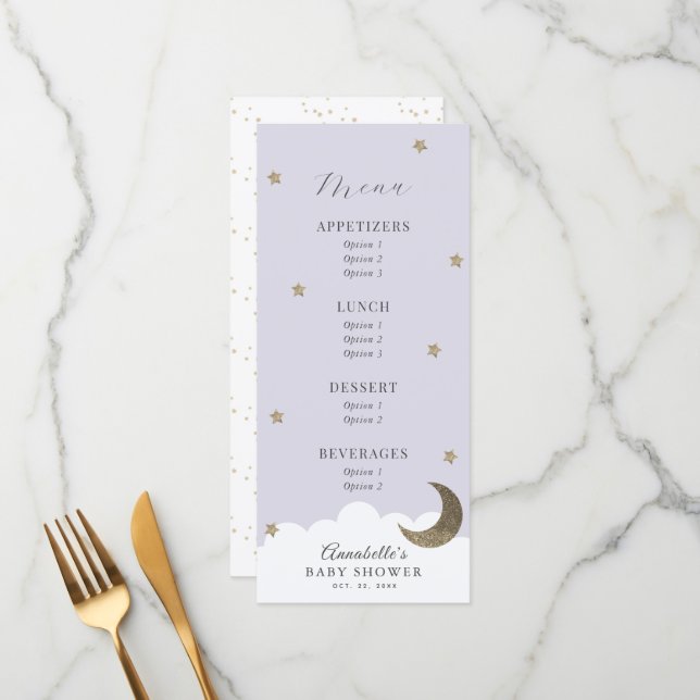 Twinkle Little Star Moon Lilac Baby Shower Menu (Front/Back In Situ)