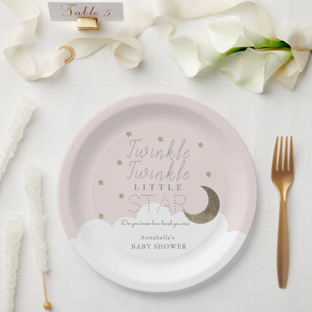 Twinkle Little Star Moon Pink Baby Shower Paper Plates (Wedding)