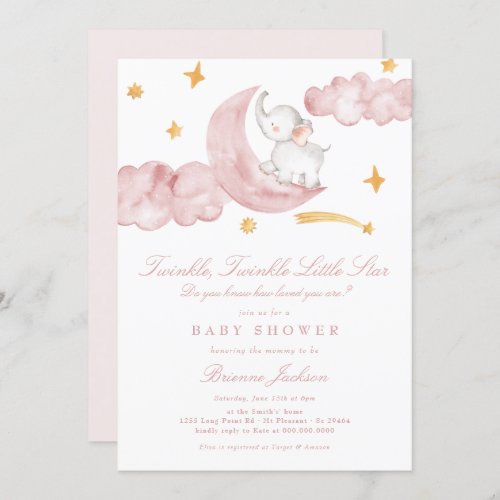 Twinkle Little Star Moon Pink Girl Baby Shower Invitation