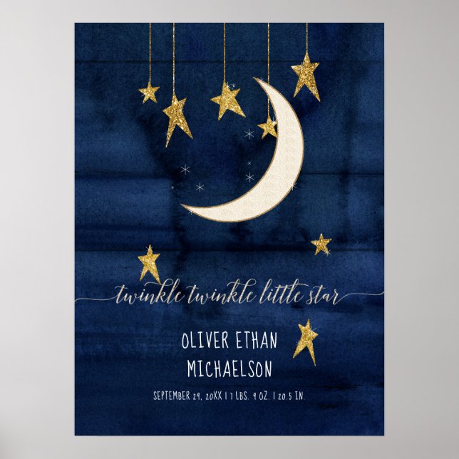 Twinkle Little Star Navy Baby Nursery Birth Stats Poster (Front)