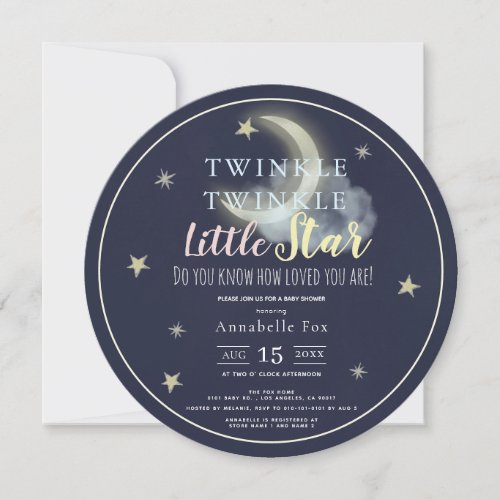 Twinkle Little Star Navy Blue Circle Baby Shower Invitation
