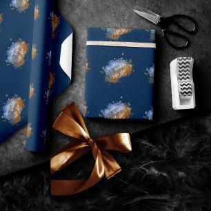Twinkle Little Star   Navy Blue Copper Gold Dust Wrapping Paper